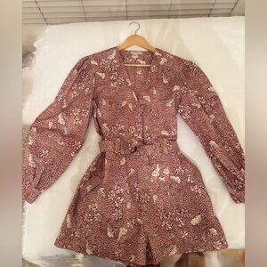 Ulla Johnson Burgundy Floral Long Puff Sleeve Romper